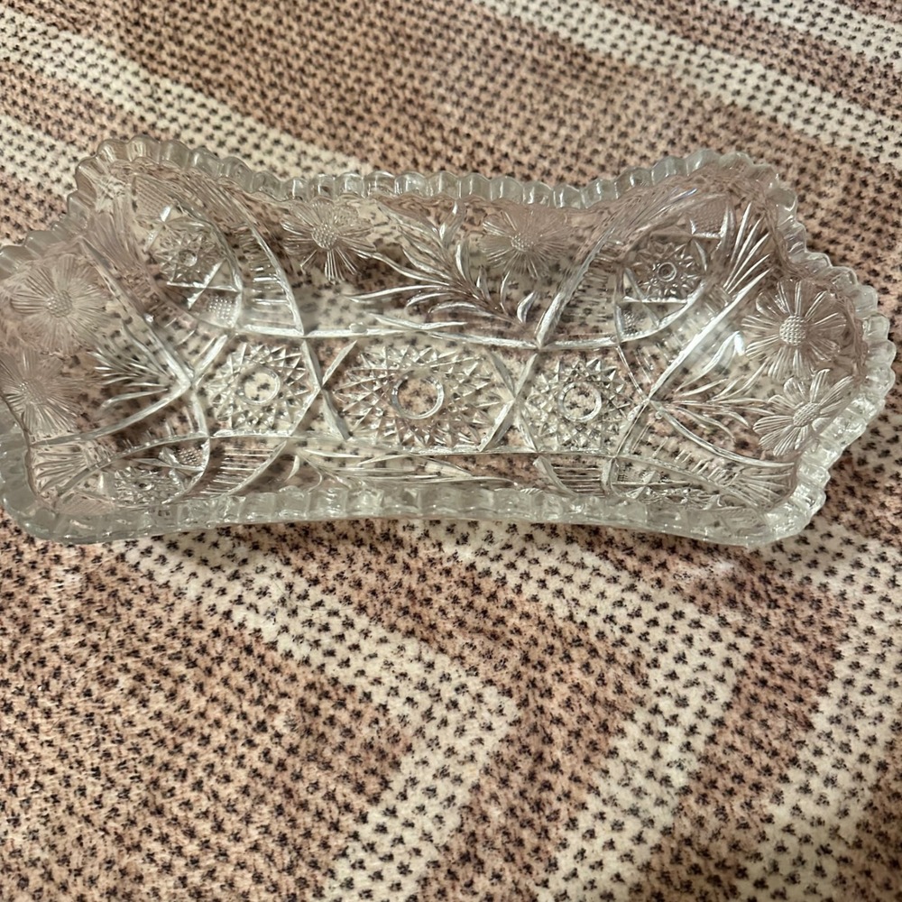 Vintage Cut Glass Crystal Candy Dish Relish Tray Floral Starburst Pattern